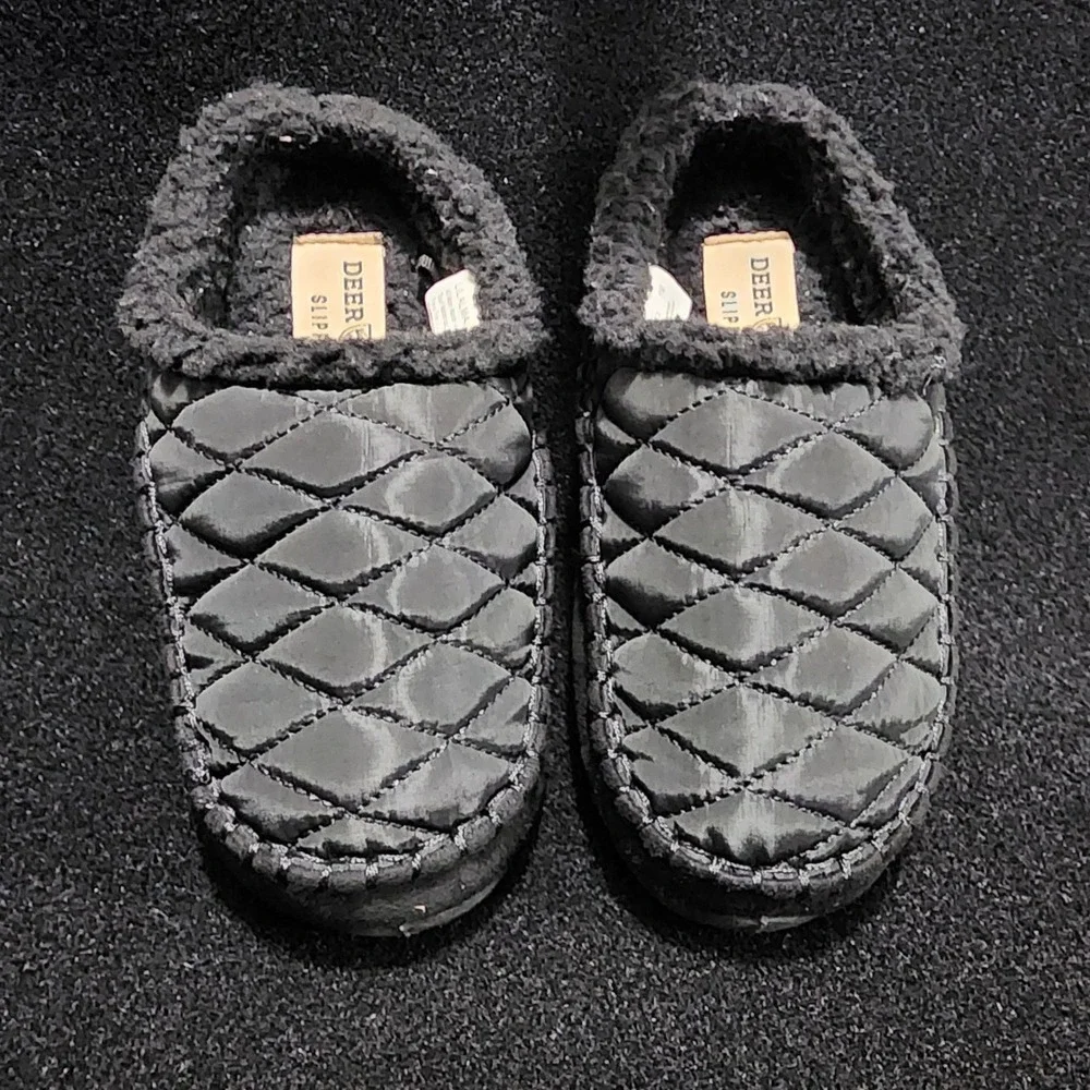 Deer Stags Slipperooz Lil Alma Boys Black Quilted Faux Fur Slippers‎ Size 1M